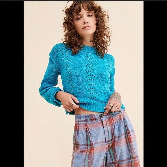 Free People Sweaters - NWT Free People Bell Song Pullover Sweater Cropped Blue Cotton Size M